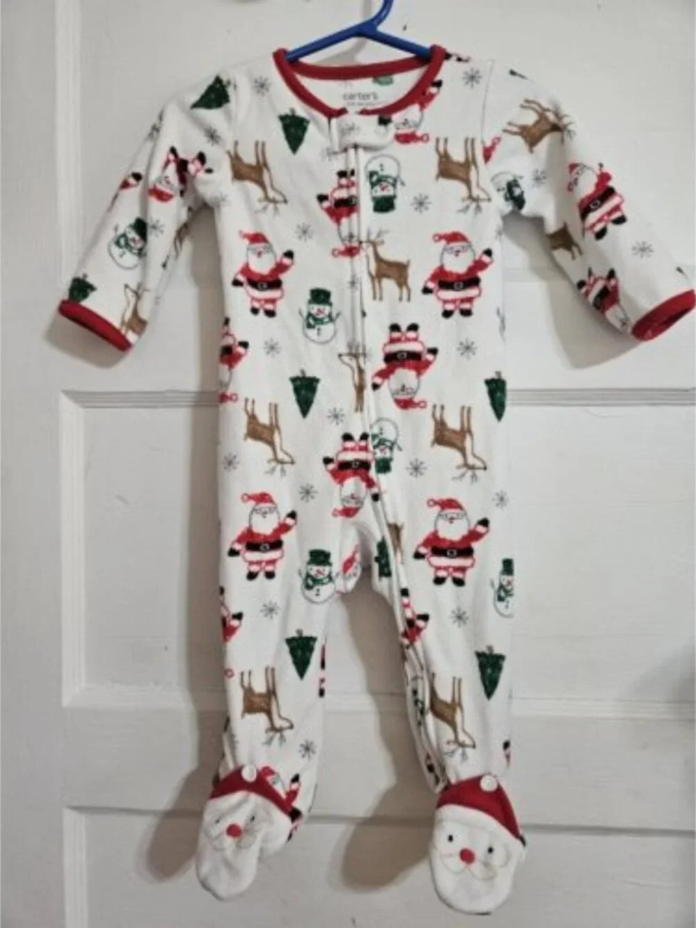 CARTER'S White and Red Santa Print Fleece Blanket Sleeper Pajamas Size 9 months